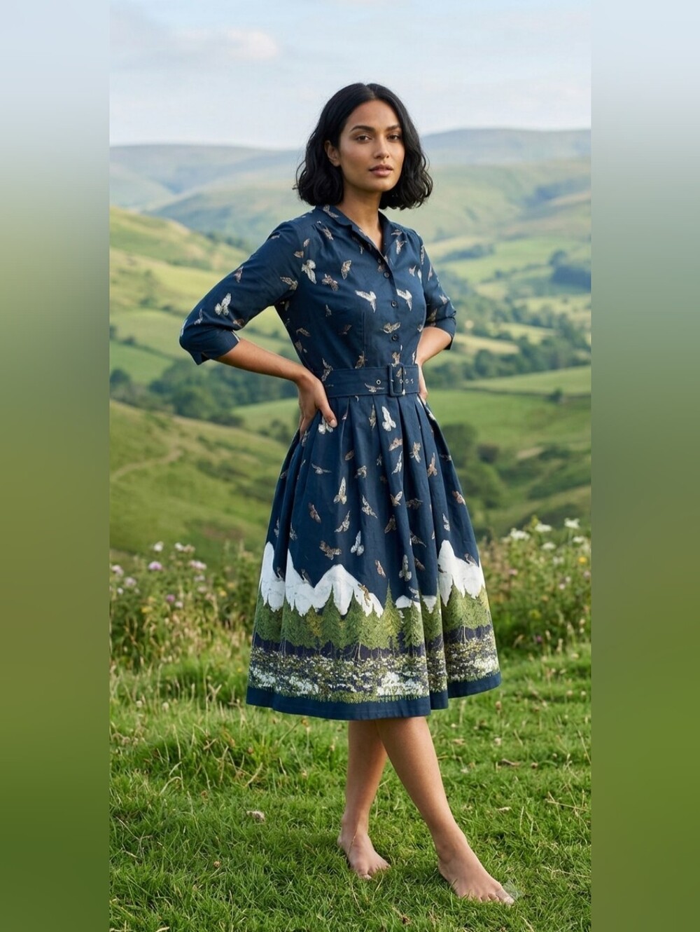 NWT Palava Cynthia in Navy Birds of Prey Belted Cotton Shirt Dress UK 8 / US 4